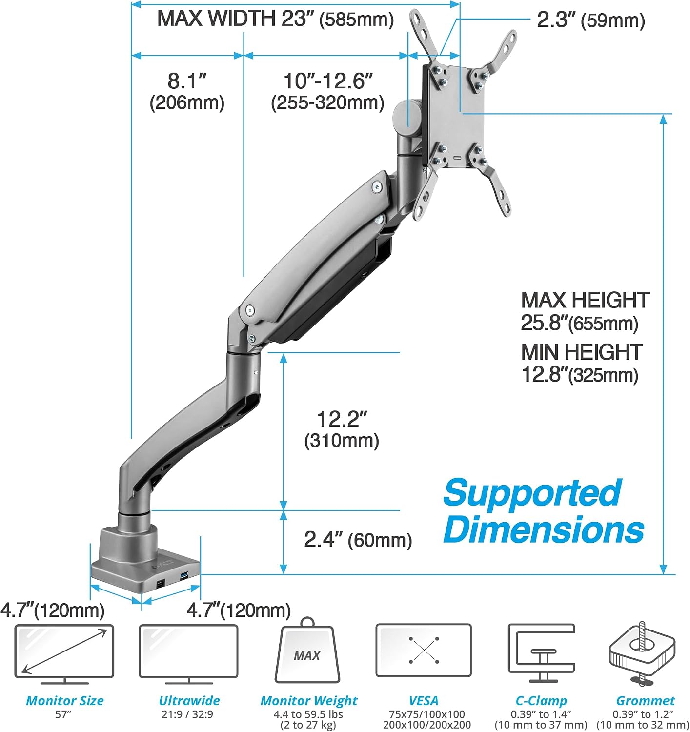 AVLT Single 17'-57' Super Ultrawide Monitor Arm for Screens Up to 59.5 lbs, Premium Aluminum Desk Stand, Adjustable Pneumatic Height, Full Motion Swivel Tilt Rotation, USB-C&A Ports, Gray