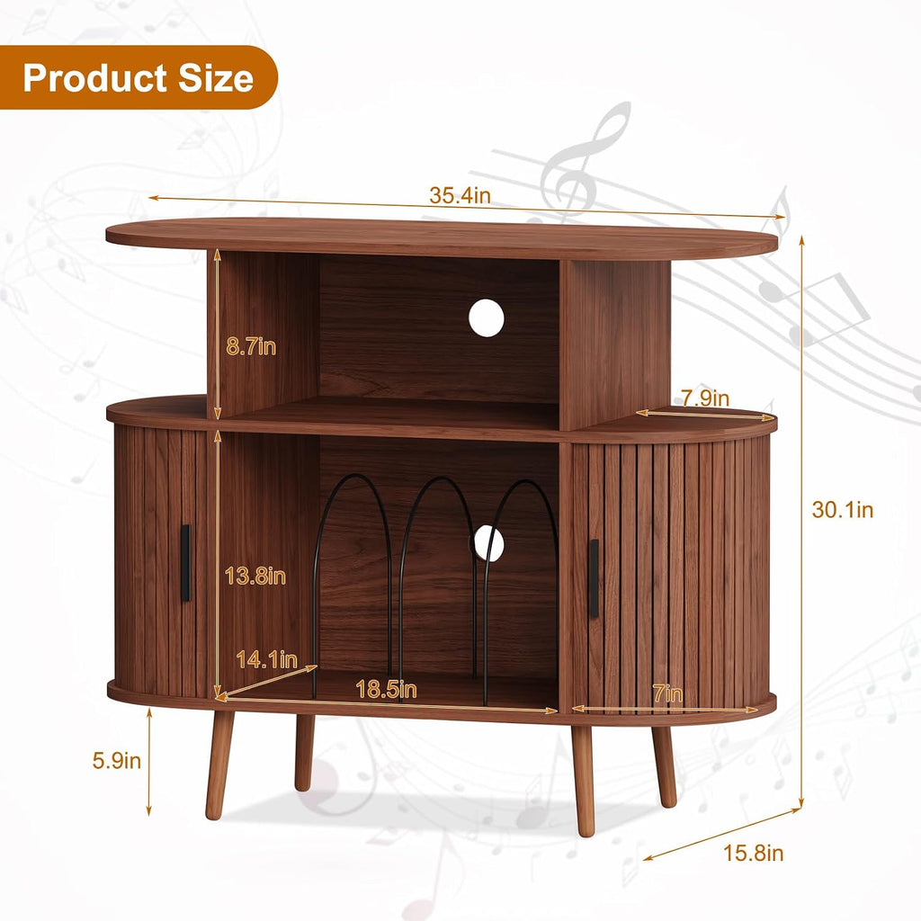 35.4' Record Player Stand with Storage - Vinyl Record Storage Cabinet & Media Console Holds 300+ Records, Mid Century Modern Turntable Stand for Living Room (Walnut, 35.4')