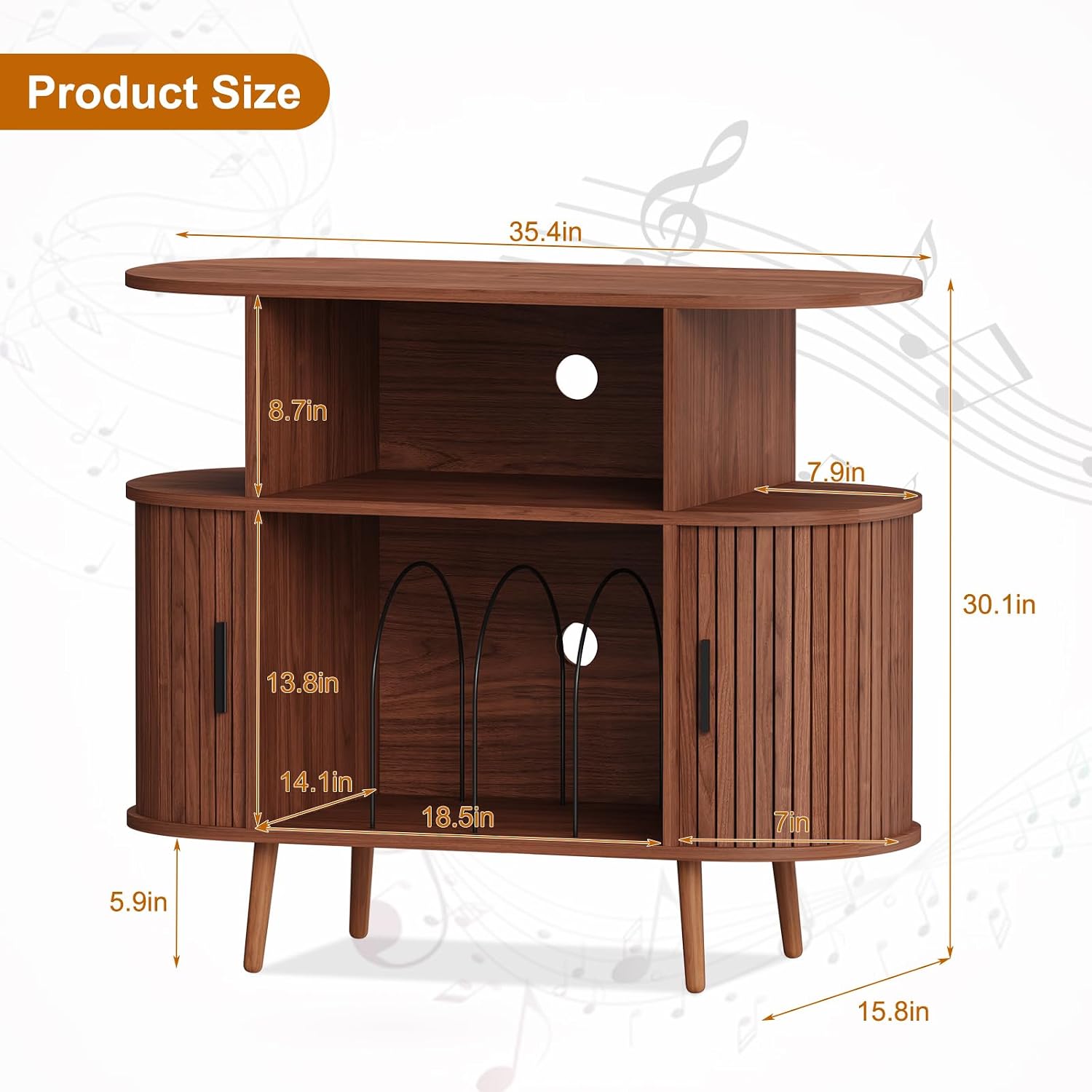 35.4' Record Player Stand with Storage - Vinyl Record Storage Cabinet & Media Console Holds 300+ Records, Mid Century Modern Turntable Stand for Living Room (Walnut, 35.4')