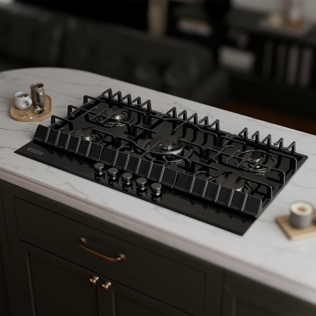 Empava 36' Gas Stove Cooktop NG/LPG Convertible with 5 Italy Sabaf Sealed Burners in Black Tempered Glass