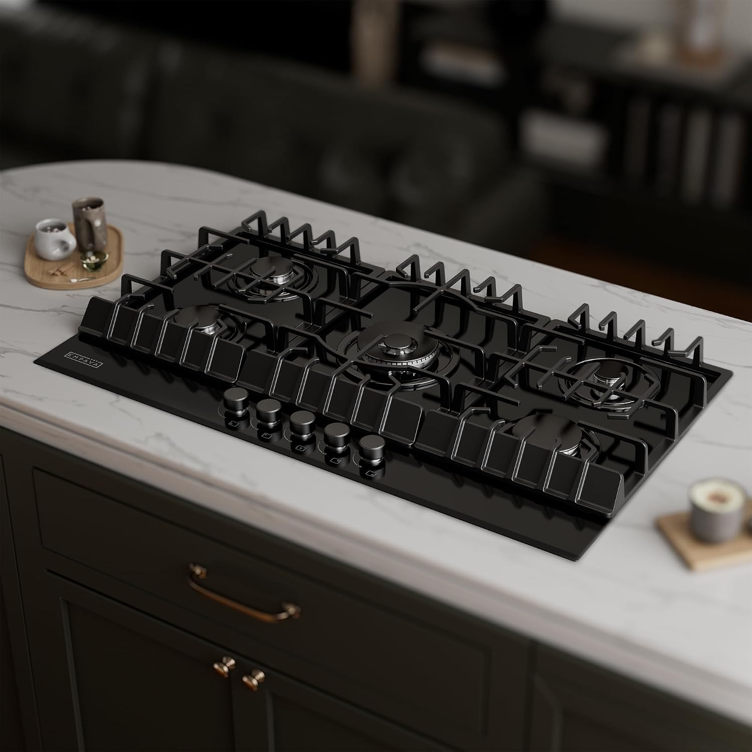 Empava 36' Gas Stove Cooktop NG/LPG Convertible with 5 Italy Sabaf Sealed Burners in Black Tempered Glass