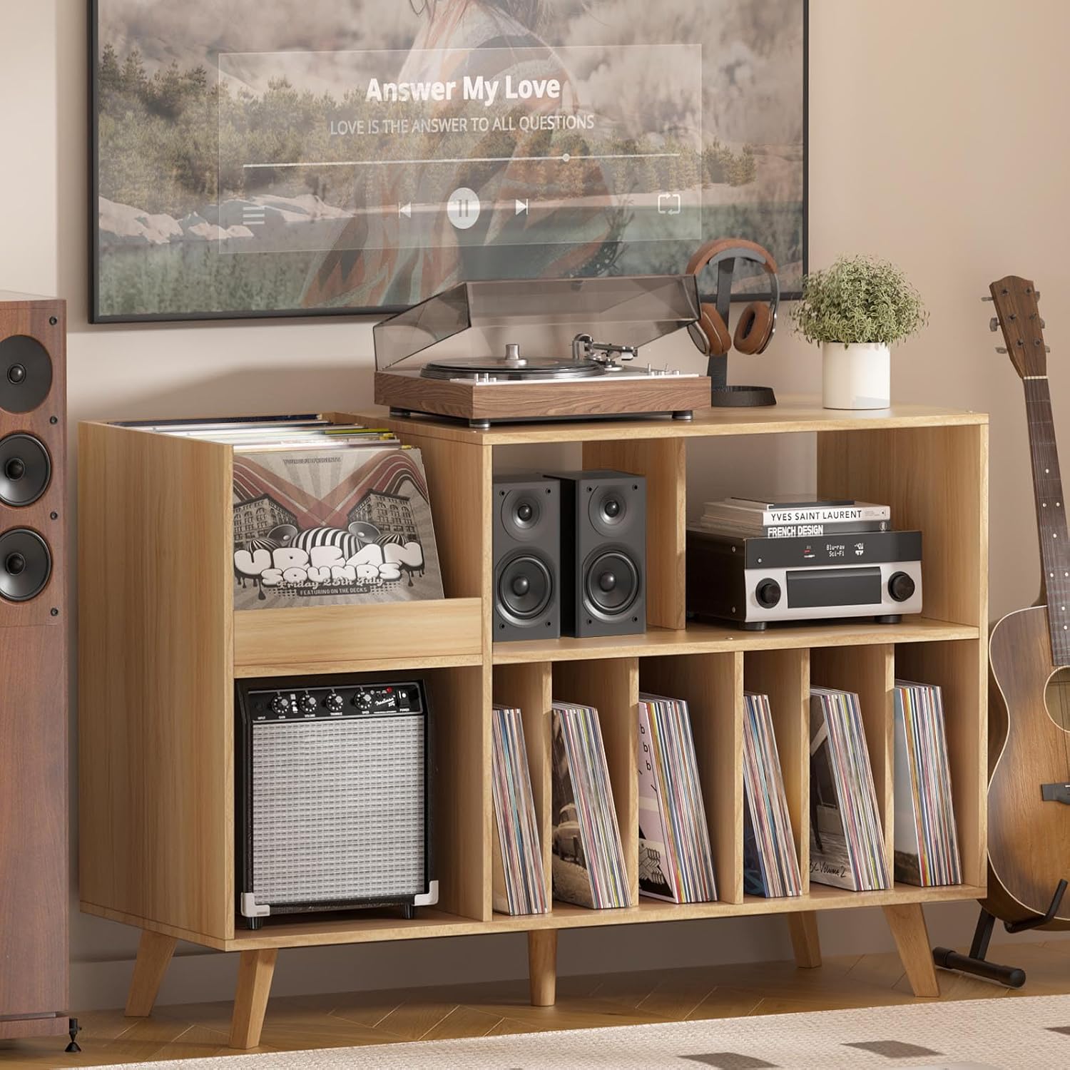 LELELINKY Large Record Player Stand, 48''Turntable Stand with Storage, Vinyl Record Holder with Display Area, Record Player Table Holds Up to 450 Albums, Record Stand for Music Room Living Room