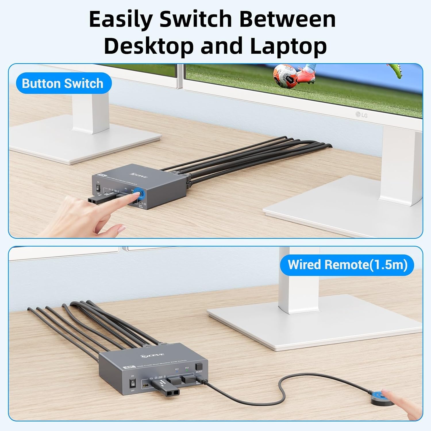 KVM Switch 2 Monitors 1 Laptop and 1 Desktop 4K@60Hz,Camgeet USB C HDMI Dual Monitor KVM Switch with 4 USB3.0 Ports for Keyboard Mouse,80W PD Charging,Wired Remote,USB-C Cable and 12V Adapter Included