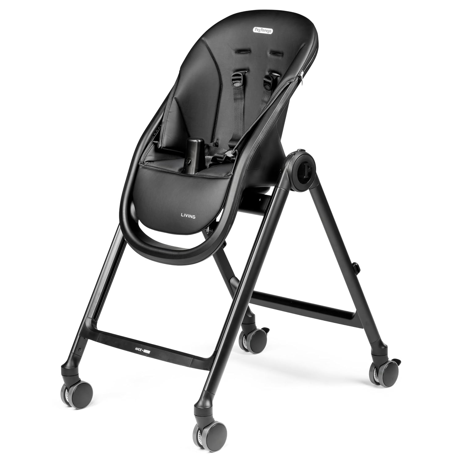 Peg Perego Living, Grow with Baby Folding High Chair & Recliner, Height Adjustable, Quick Clean & Easy Push Wheels for Babies & Toddlers, Made in Italy, True Black