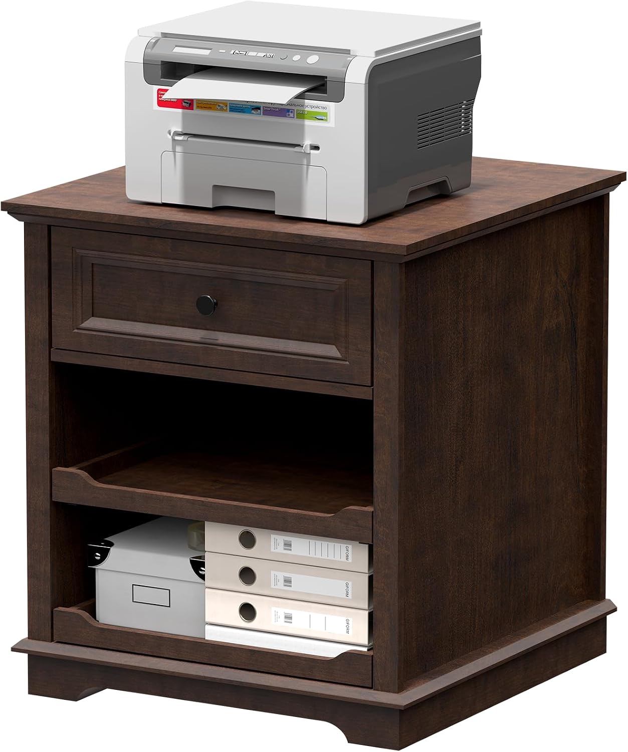 REDAYFUR Lateral File Cabinet 3 Drawer File Cabinet with Charging Station, Wood Lateral Filing Cabinet, Printer Stand with Open Adjustable Storage Shelves for Home Office, Cherry