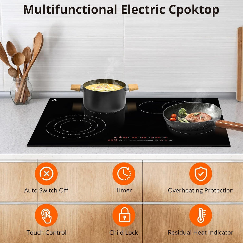 GarveeTech Burner Electric Cooktop - 35.4 in 8800W/240V, Ceramic Glass Radiant Electric Stovetop Built-In Stove Top, Ceramic Glass Radiant Stovetop, Timer, Kid Safety Lock, BLACK