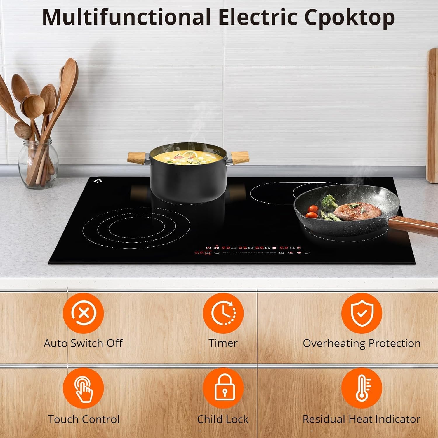 GarveeTech Burner Electric Cooktop - 35.4 in 8800W/240V, Ceramic Glass Radiant Electric Stovetop Built-In Stove Top, Ceramic Glass Radiant Stovetop, Timer, Kid Safety Lock, BLACK