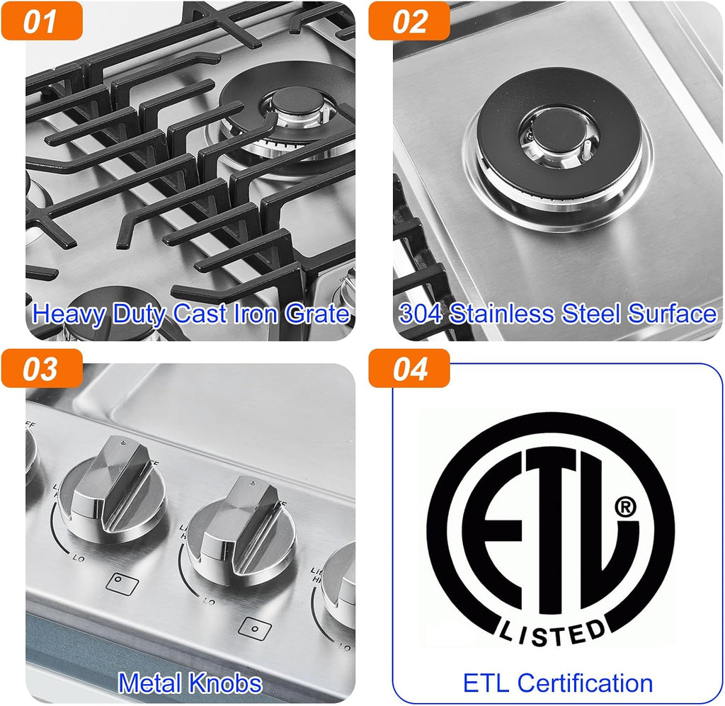 AMZCHEF 30 inch Gas Cooktop with 5 Made in Italy SABAF Power Burners,Max 48300 BTU/hr Built-in Gas Stove top of 304 Stainless steel with Double Sided griddle,NG/LPG Convertible,ETL.
