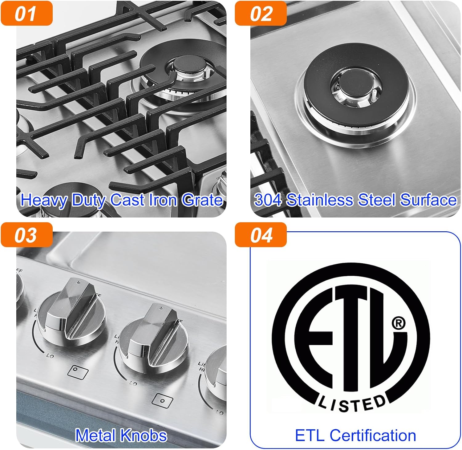 AMZCHEF 30 inch Gas Cooktop with 5 Made in Italy SABAF Power Burners,Max 48300 BTU/hr Built-in Gas Stove top of 304 Stainless steel with Double Sided griddle,NG/LPG Convertible,ETL.