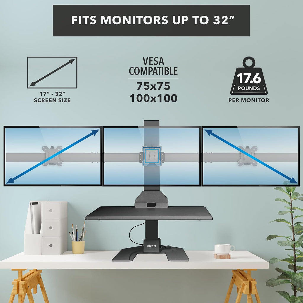 Mount-It! Triple Monitor Electric Standing Desk Converter - 3 Screens Stand Up Desk Riser - Height Adjustable Desktop & 3 Mounts for Screens up to 32', Sit-Stand Convertor for Home, Office, School