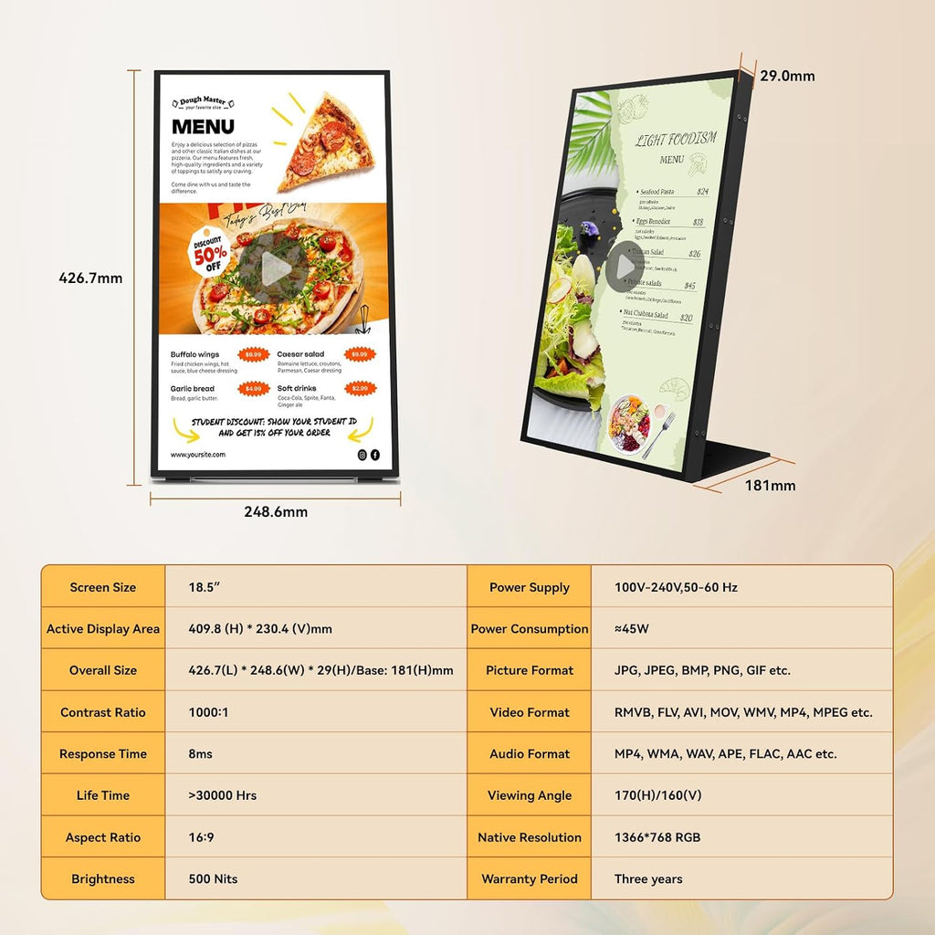 Digital Signage Display, 18.5 Inch 700 Nits Ultra-Bright Digital Menu Board with CMS, Desktop Digital Signage for Business, Restaurants & Commercial Use