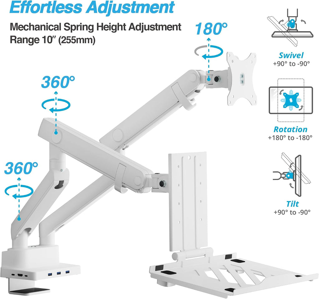 AVLT Dual 17'-38' Monitor Arm Desk Mount with 17' Laptop Tray and USB-C Docking Station, HDMI 4K60Hz, USB-A 5Gbps, Ethernet, 100W PD, Fits Two Flat/Curved - White