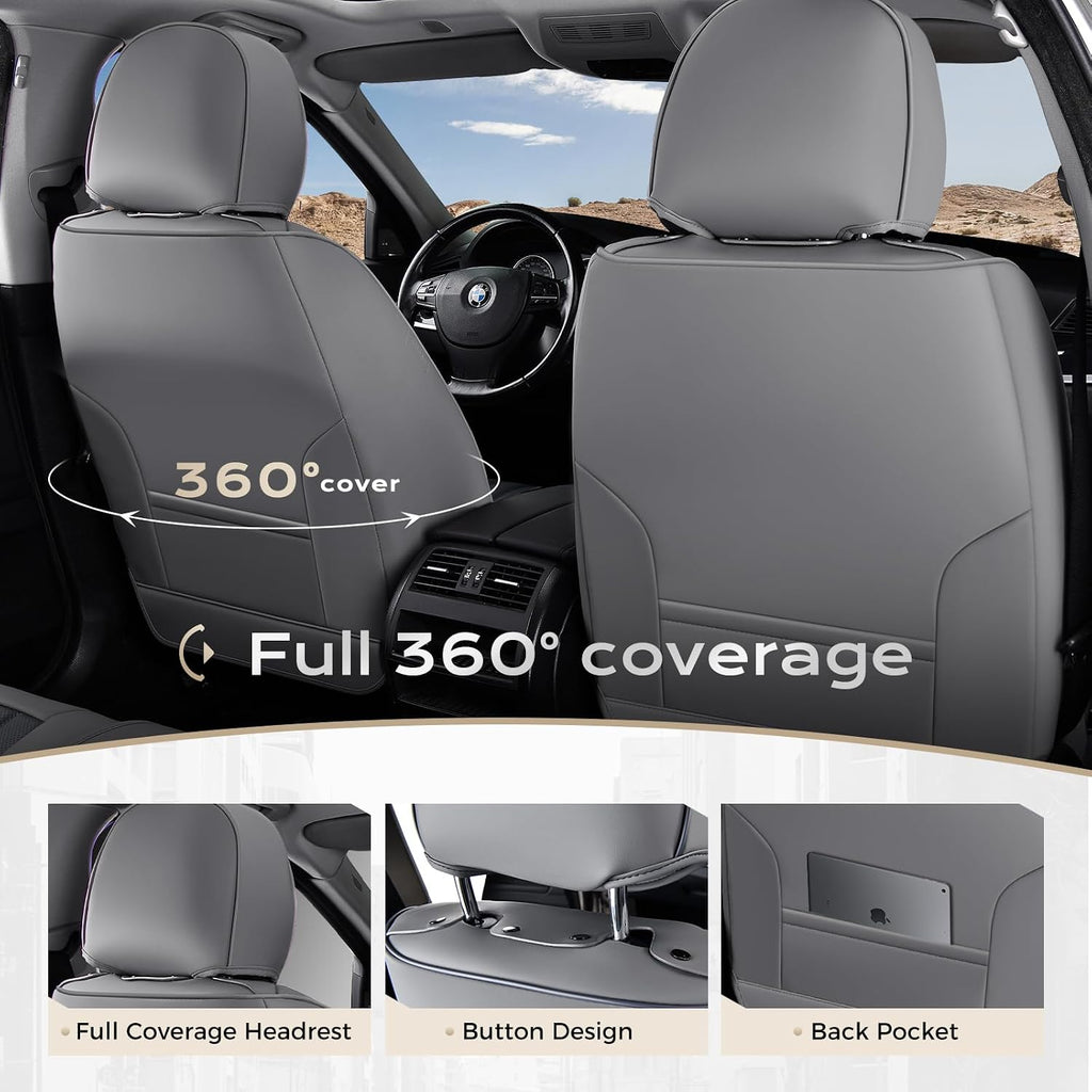 Coverado Car Seat Covers Full Set, Seat Covers for Cars, Car Seat Cover, Car Seat Protector, Leather Car Seat Cushion, Waterproof Car Seat Covers Front Seats and Back Fit for Most Cars(Gray&White)