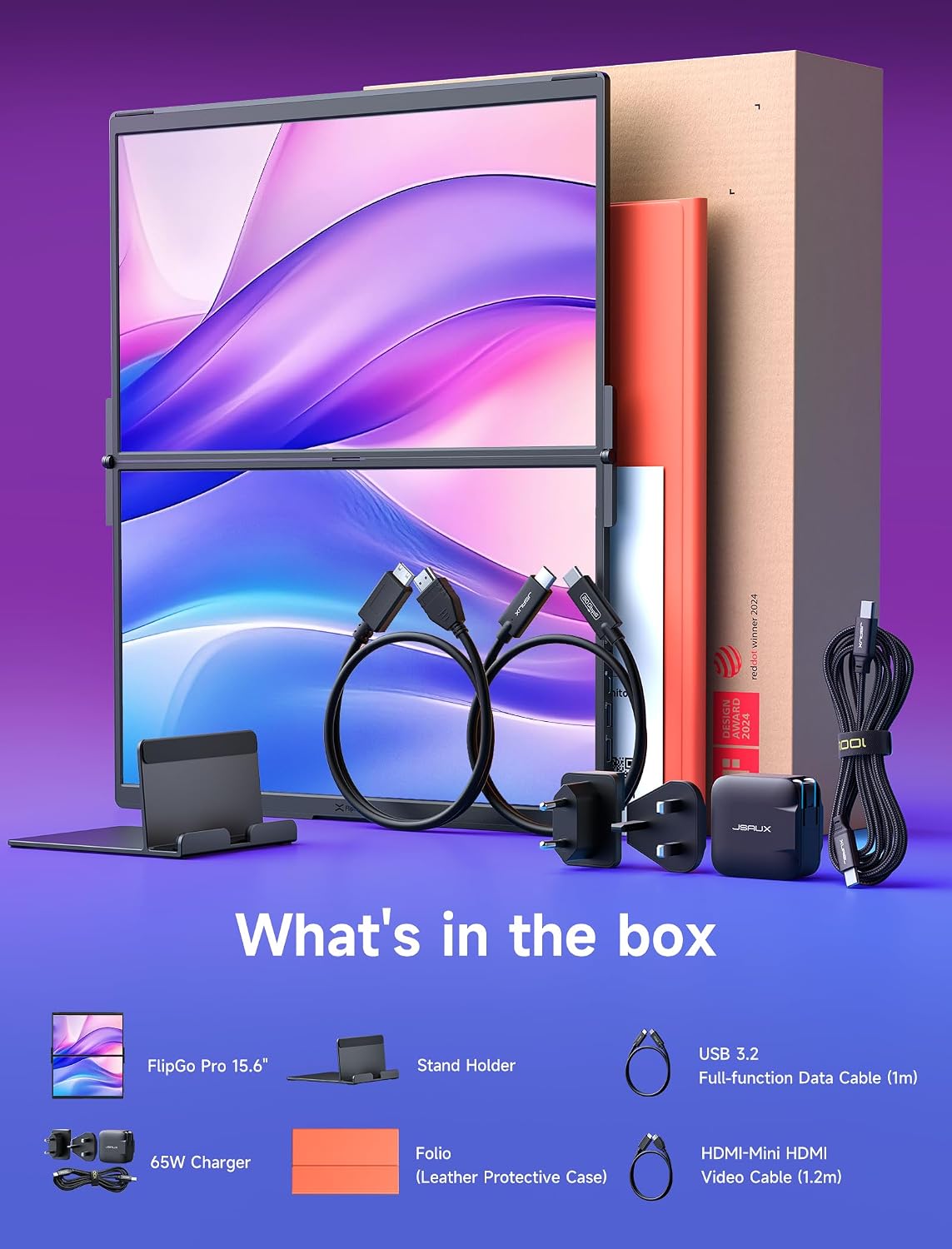 JSAUX FlipGo Pro 15.6' Dual Portable Monitors, 1080P FHD IPS Dual Screen Monitor, Triple Screen Laptop Monitor Extender for Wins/macOS (Driver Required) with Magnetic Design/Plug & Play/Built-in Hub