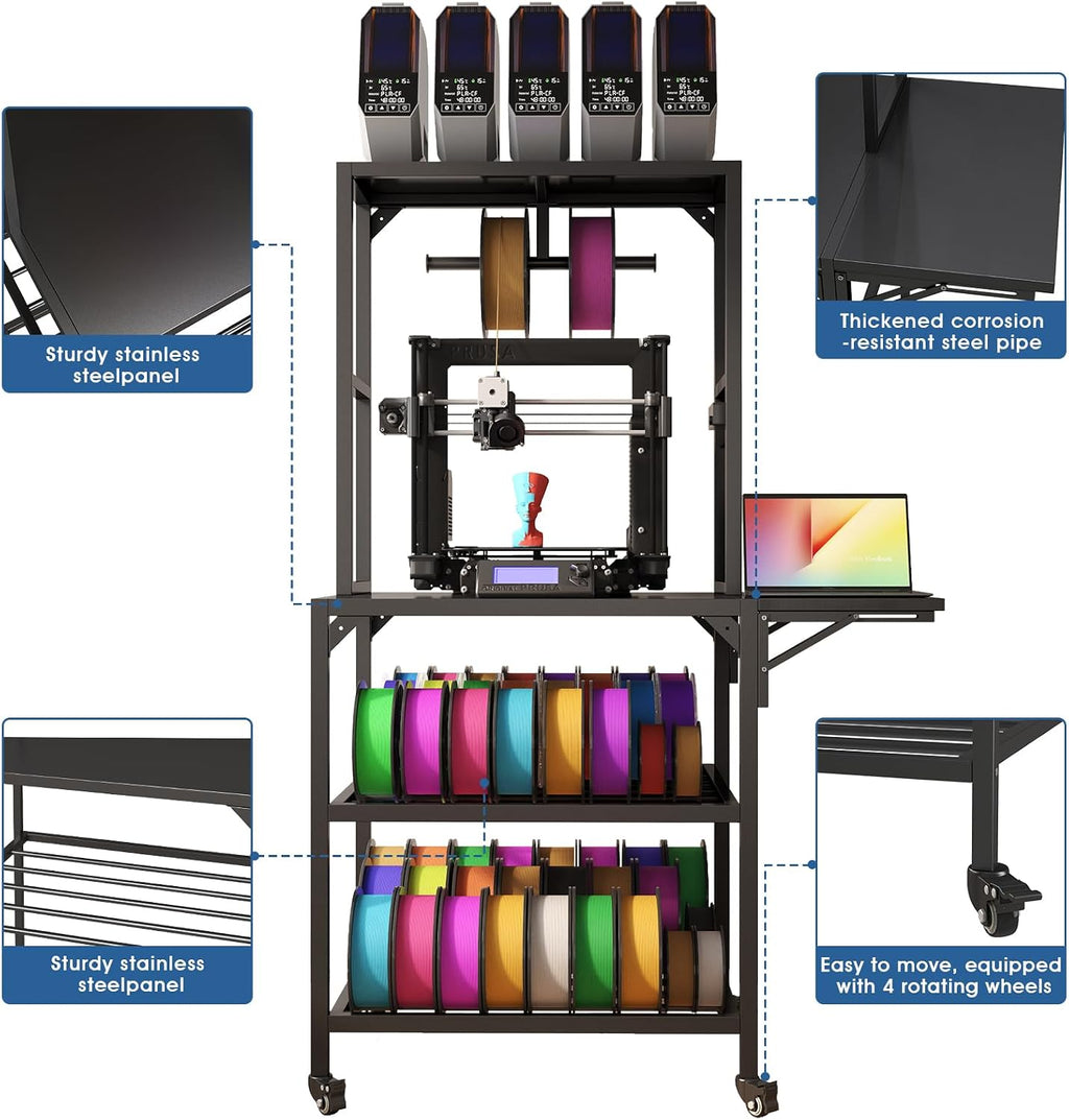 ZeHuoGe 3D Printer Stand, Heavy Duty 3D Printer Table Stand with Filament Storage Rack, T-Shaped Spools Holder Rack with Wheels,3D Printer Workbench for 3D Printing Studio