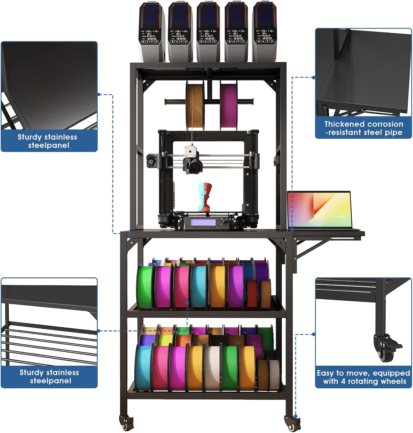 Heavy Duty 3D Printer Workbench Stand with Storage, All-in-One Table with T Style Filament Holder Rack & Wheels for Stable, Organized Printing Studio or Home Office