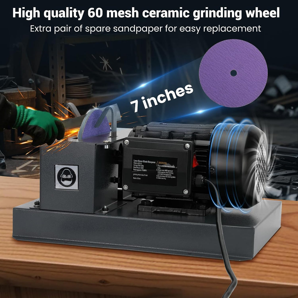 Lawn Mower Blade Bench Grinder,2/3HP 500W Lawn Blade Sharpener, Electric Lawn Mower Blade Sharpeners with 30° 40° Adjustable Brackets, 7 Inch Ceramic Sandpaperfor High/Low Lift, Gator, Flat Blades