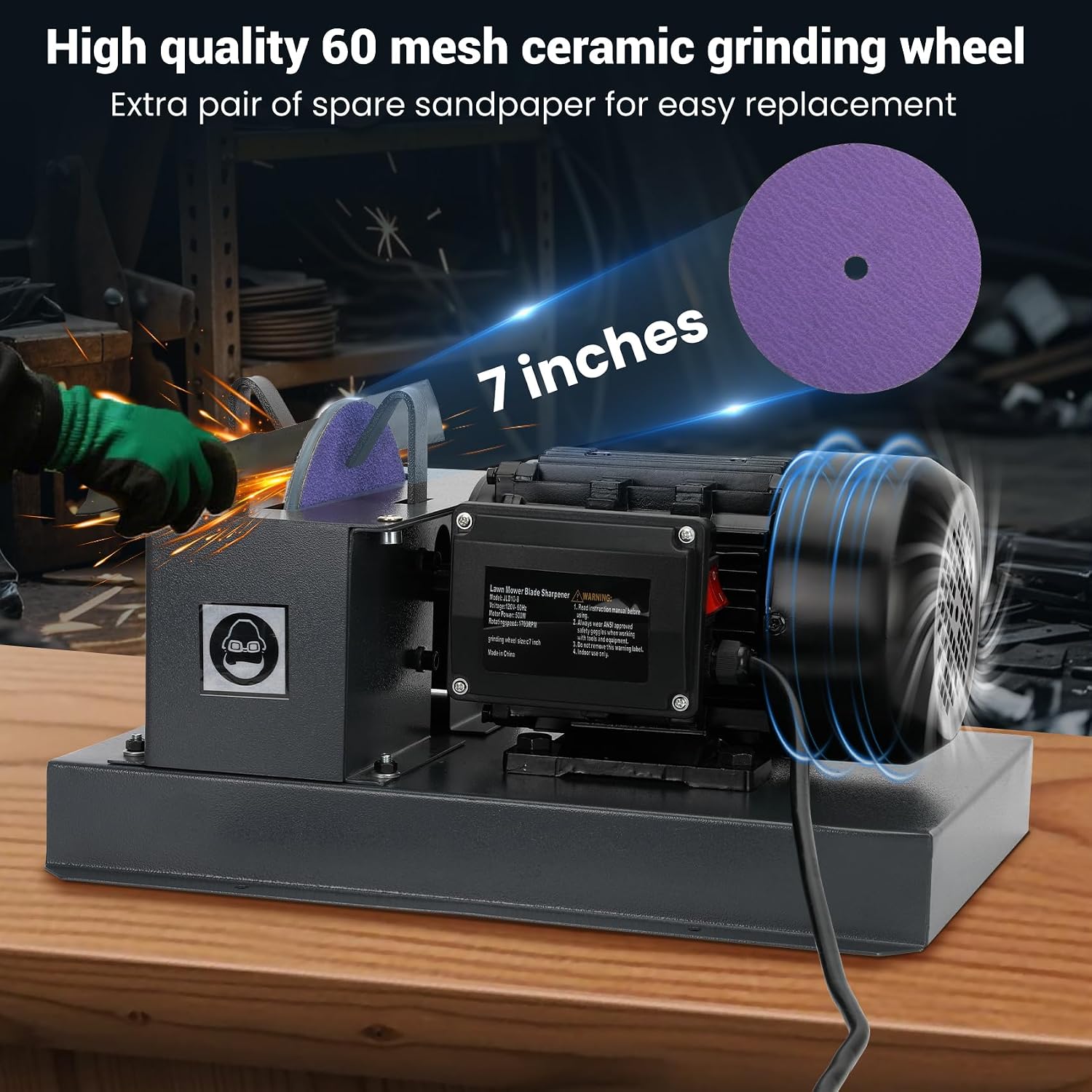 Lawn Mower Blade Bench Grinder,2/3HP 500W Lawn Blade Sharpener, Electric Lawn Mower Blade Sharpeners with 30° 40° Adjustable Brackets, 7 Inch Ceramic Sandpaperfor High/Low Lift, Gator, Flat Blades