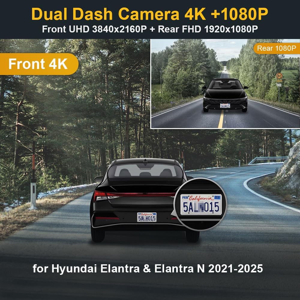 Fitcamx 2160P+Rear 1080P Dash Cam Adapts for Hyundai Elantra 2021-2025 SE SEL Limited N Line Blue Manual (AA000), OEM Look, Dual HD Video, WiFi & APP, Loop Recording, G-Sensor, Easy to Set, 128GB Card