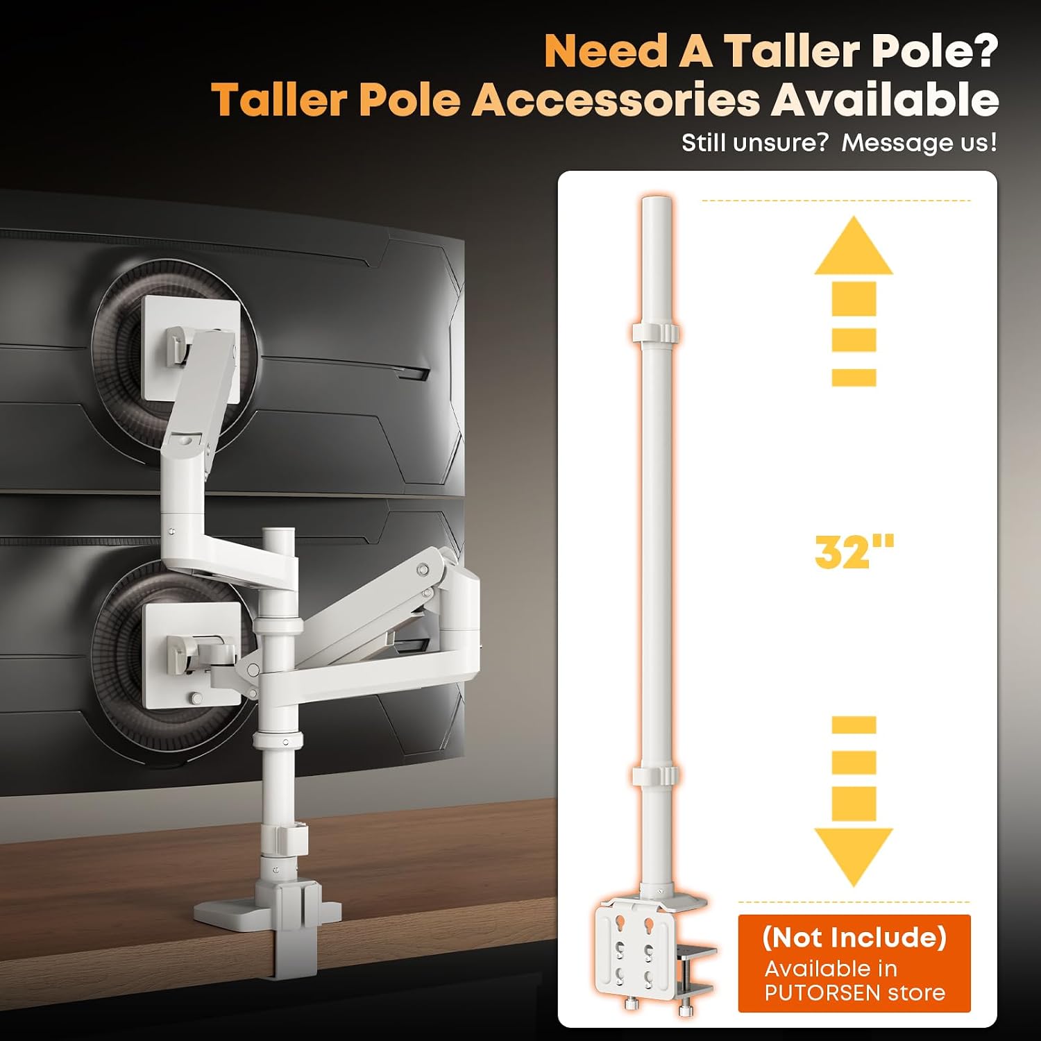 PUTORSEN 17-49'Premium Aluminum Heavy Duty Dual Monitor Arm for Ultrawide Screens up to 44lbs, Vertical Stacked Dual Monitor Desk Mount, Full Motion Dual Vertical Monitor Mount, VESA 75/100, White