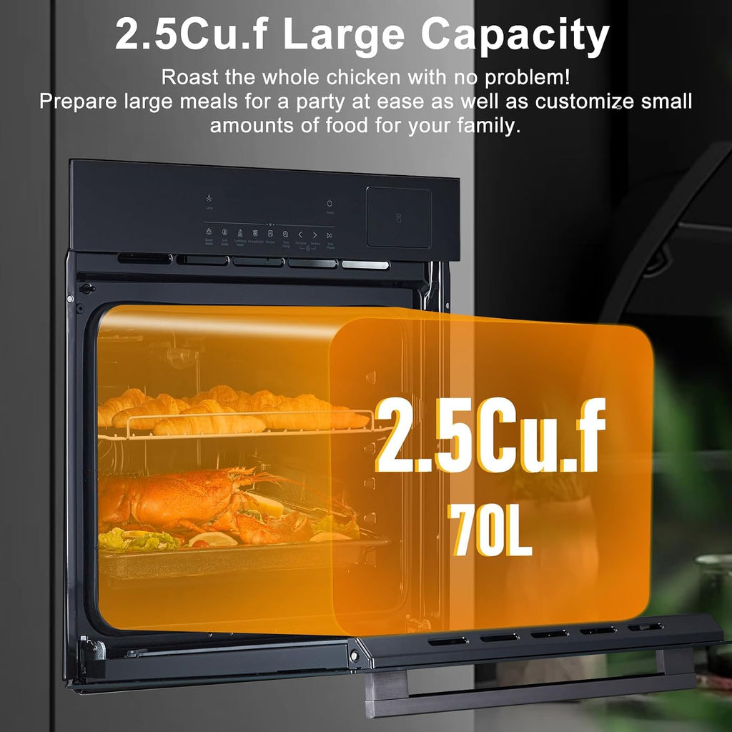 24 Inch Stainless Steel Toaster Oven and Black Air Fryer Combo: 70L Capacity, 3D Heating with Steam, Touch Control, Multi-Function Modes for Countertop Built-in Use