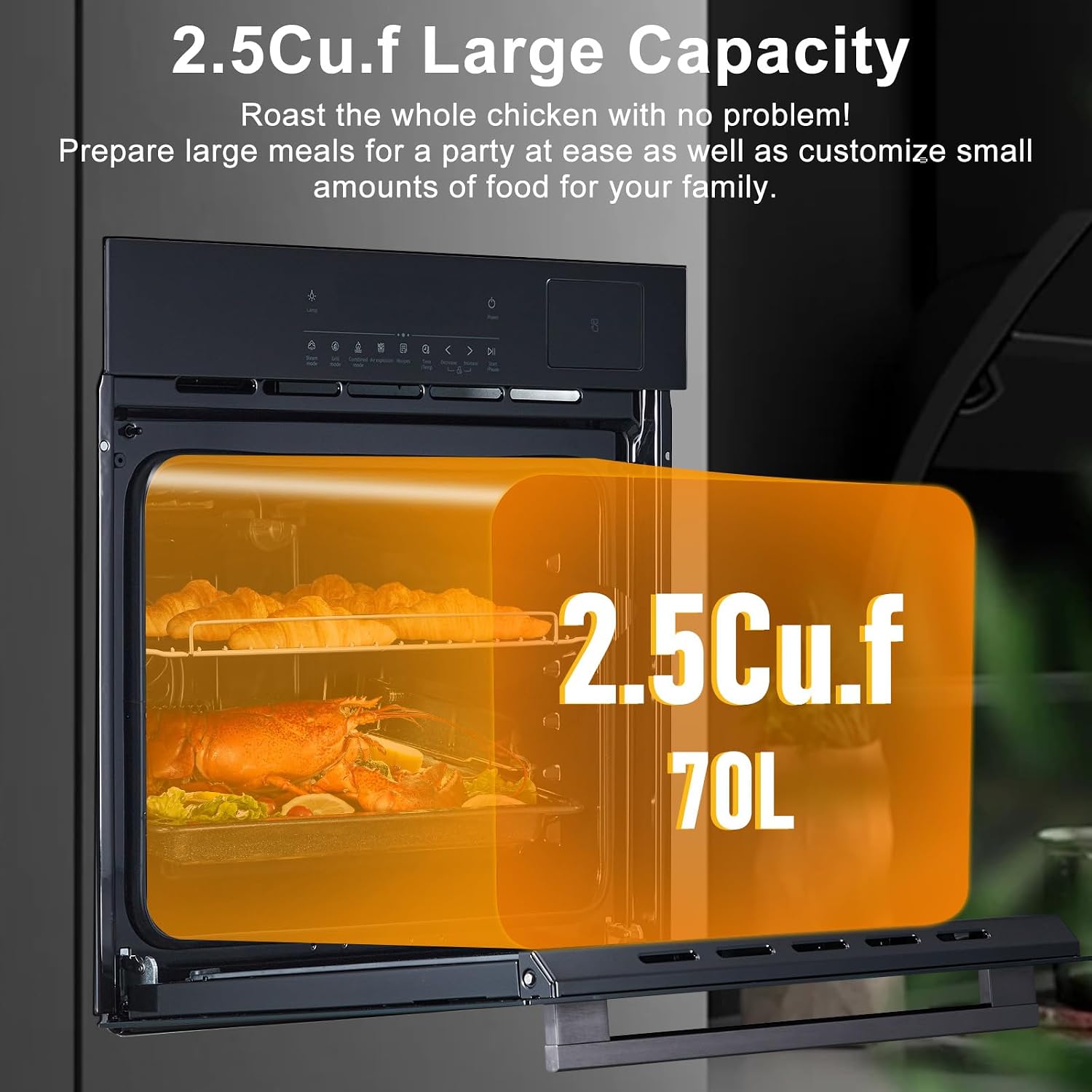 24 Inch Stainless Steel Toaster Oven and Black Air Fryer Combo: 70L Capacity, 3D Heating with Steam, Touch Control, Multi-Function Modes for Countertop Built-in Use