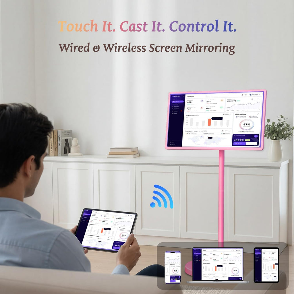 32 Inch Portable Smart TV | 1080P Touch Screen | Android 15 8G+128GB Storage | Movable Monitor on Wheels | 5MP Camera | 38,400 mAh Battery | Voice/Airmouse Remote Control | Versatile Rotatable Display