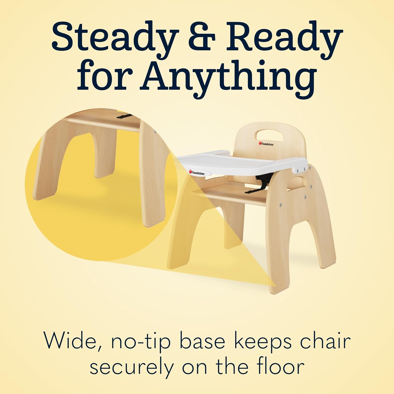 Foundations Easy Serve 7' Wood Feeding Chair for Toddlers, Adjustable Harness, Removable Dishwasher Safe Tray, 'No Tip' Base, Baltic Birch Plywood