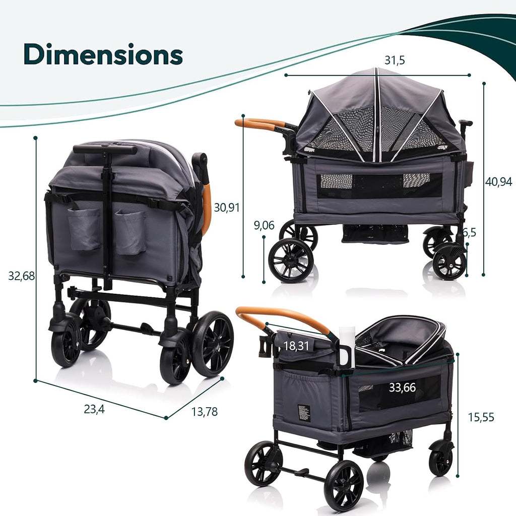 Luxury Wagon Stroller for 2 Kids & Cargo-Lightweight Foldable Travel Push Pull All-Terrain Double Wagon for Newborn&Toddler with 5-Point Harness,Adjustable Handle, Canopy,Tray Table,Cup Holder