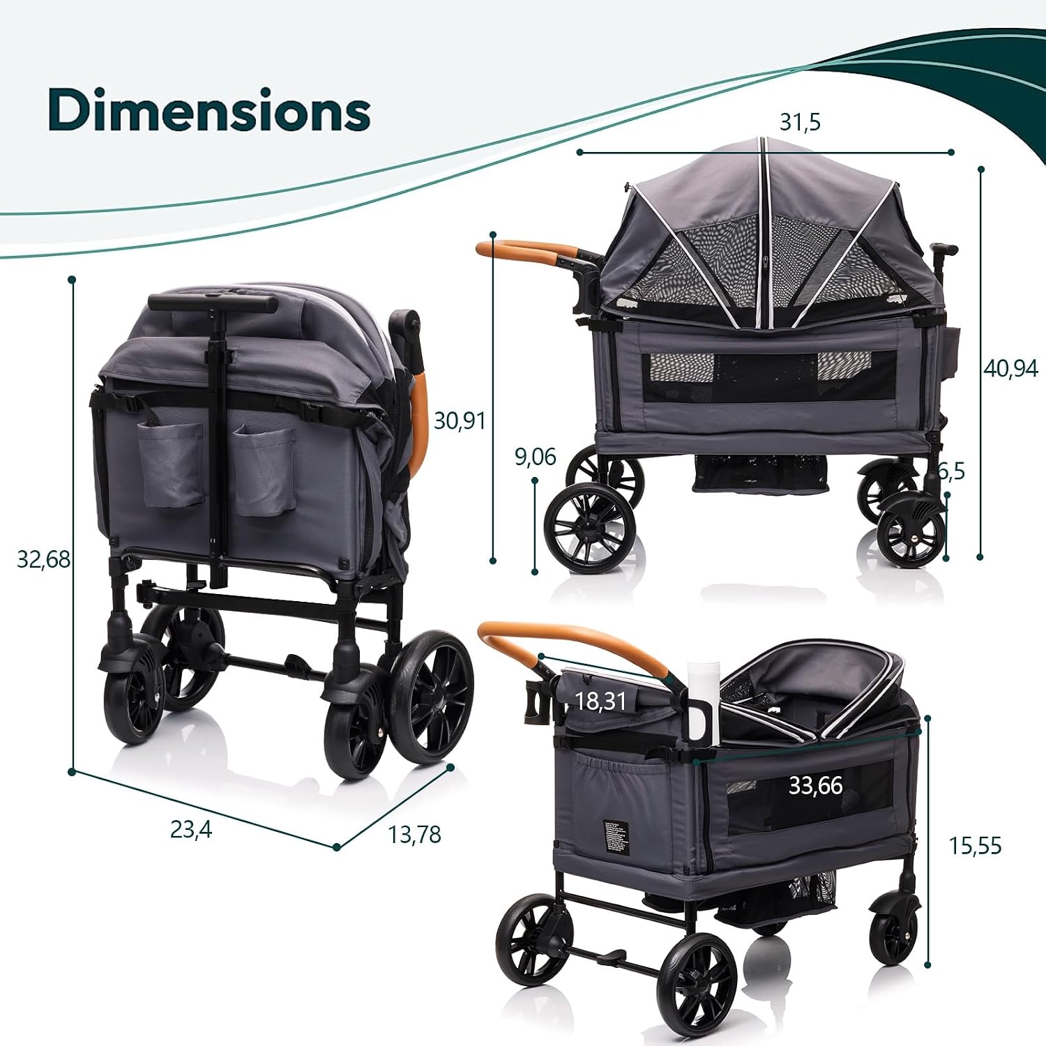Luxury Wagon Stroller for 2 Kids & Cargo-Lightweight Foldable Travel Push Pull All-Terrain Double Wagon for Newborn&Toddler with 5-Point Harness,Adjustable Handle, Canopy,Tray Table,Cup Holder