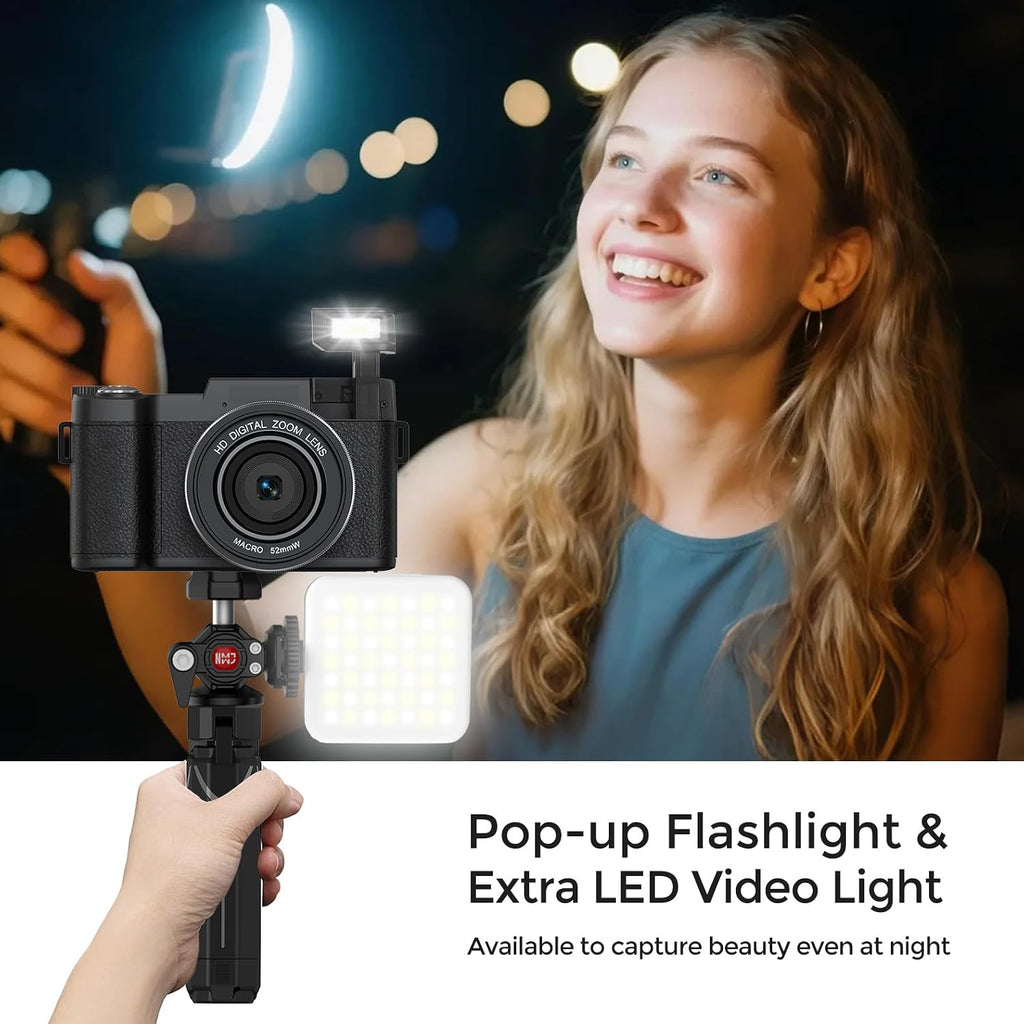 5K Vlogging Camera with WiFi 64MP 4K Digital Camera for Photography Vlog Camera with Flip Screen Video Camera for YouTube with Selfie Light, Desk Tripod, Batteries