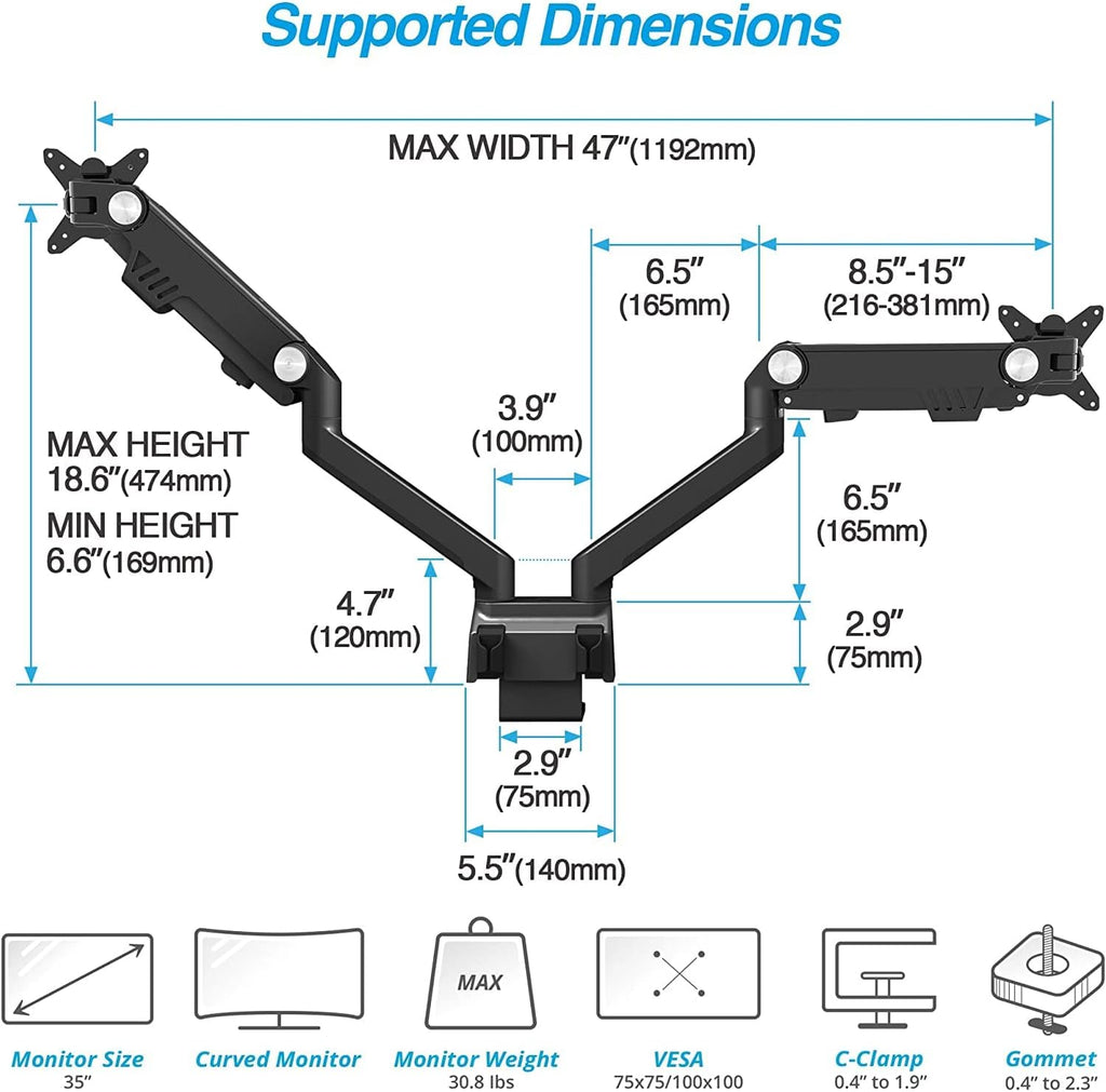 AVLT Dual Monitor Arm 17'-35' | Full Motion Desk Mount for 2 Flat/Curved Screens | Height Adjustable Swivel Tilt Rotation | Heavy-Duty VESA Mount with C-Clamp/Grommet & Cable Management – Black