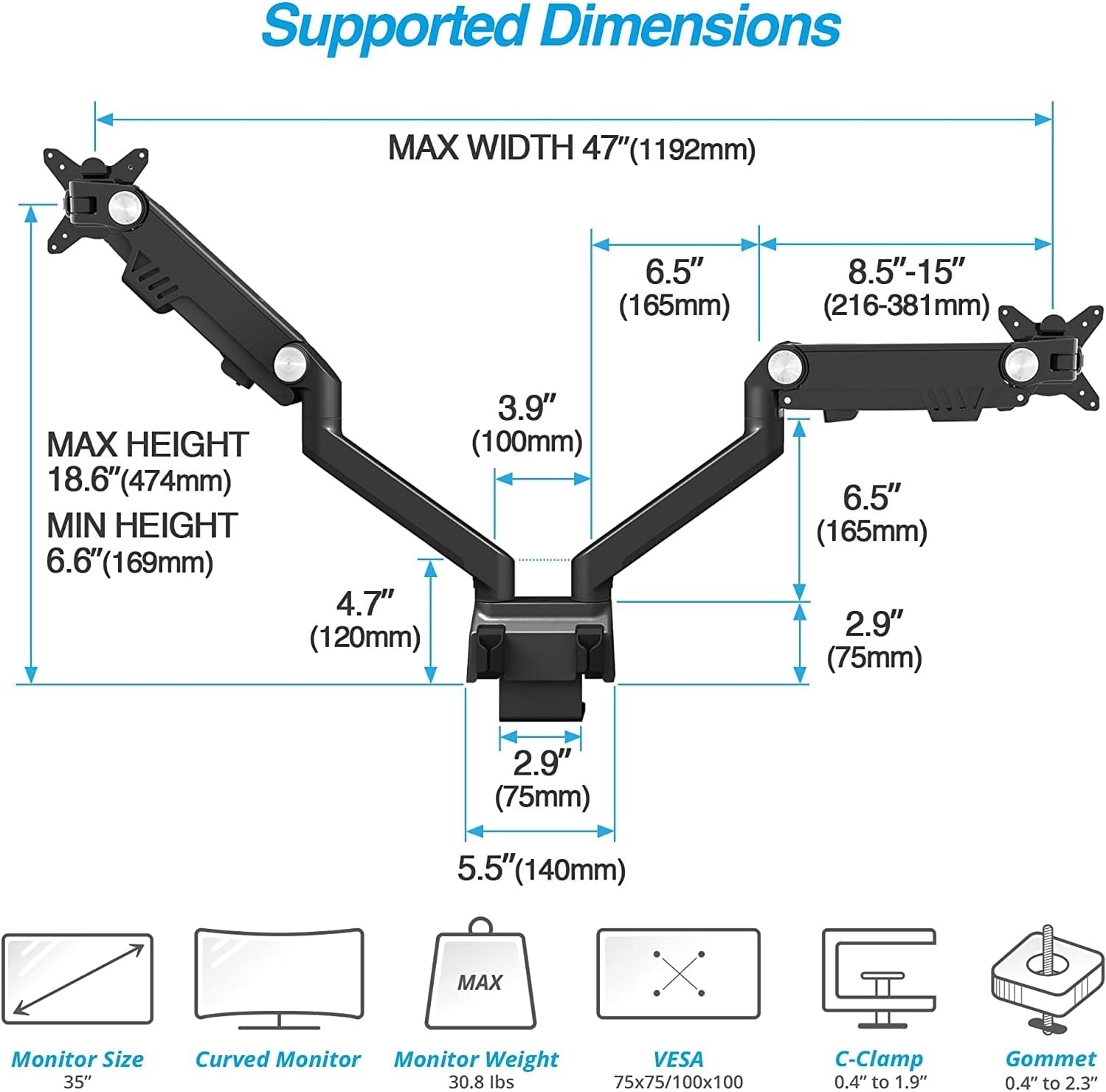 AVLT Dual Monitor Arm 17'-35' | Full Motion Desk Mount for 2 Flat/Curved Screens | Height Adjustable Swivel Tilt Rotation | Heavy-Duty VESA Mount with C-Clamp/Grommet & Cable Management – Black