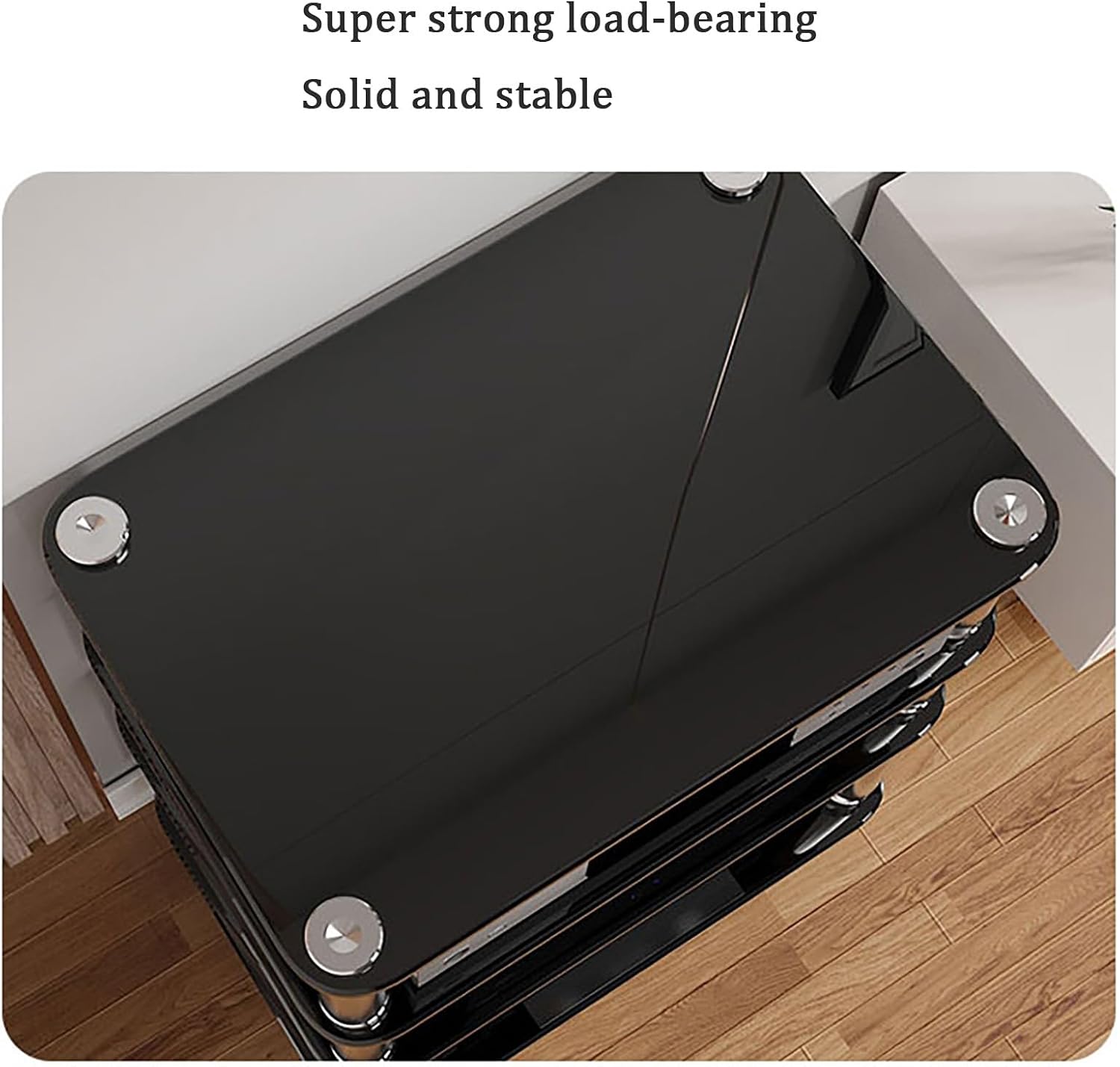 Modern AV Media Rack, 3-Tier Stereo Cabinet with Shock-Absorbing Nails, Tempered Glass Shelves, Stainless Steel Legs, Black Media Storage Stand (60x40x57cm)