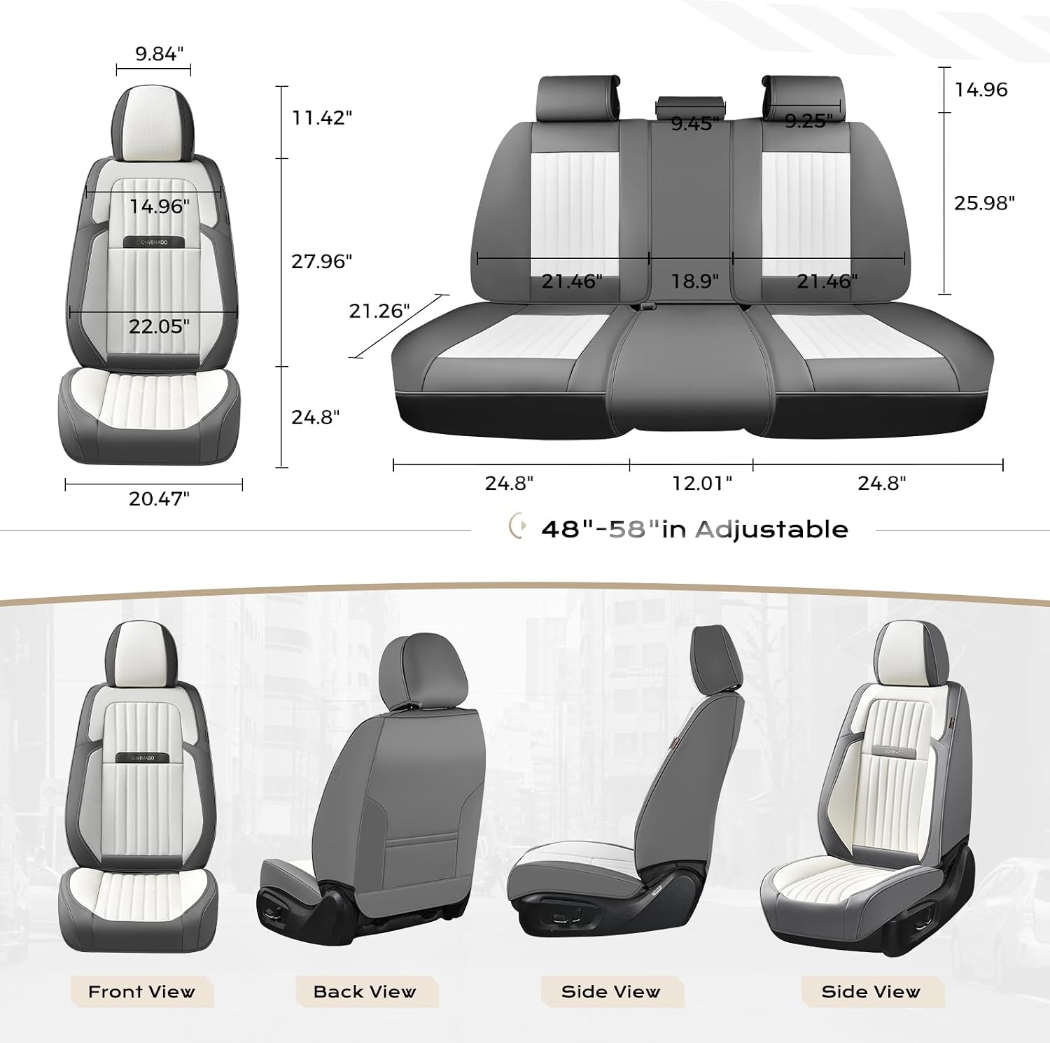 Coverado Car Seat Covers Full Set, Seat Covers for Cars, Car Seat Cover, Car Seat Protector, Leather Car Seat Cushion, Waterproof Car Seat Covers Front Seats and Back Fit for Most Cars(Gray&White)