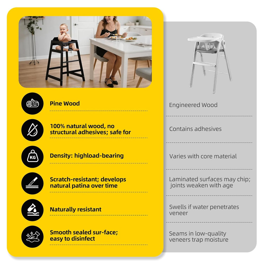 4-Pack Wooden Baby High Chair -Stack-able Solid Wood Feeding Seats, with Commercial Grade Solid Wood for Dining Table & Kitchen - Compact & Portable Design for Restaurant & Home Use（Black）