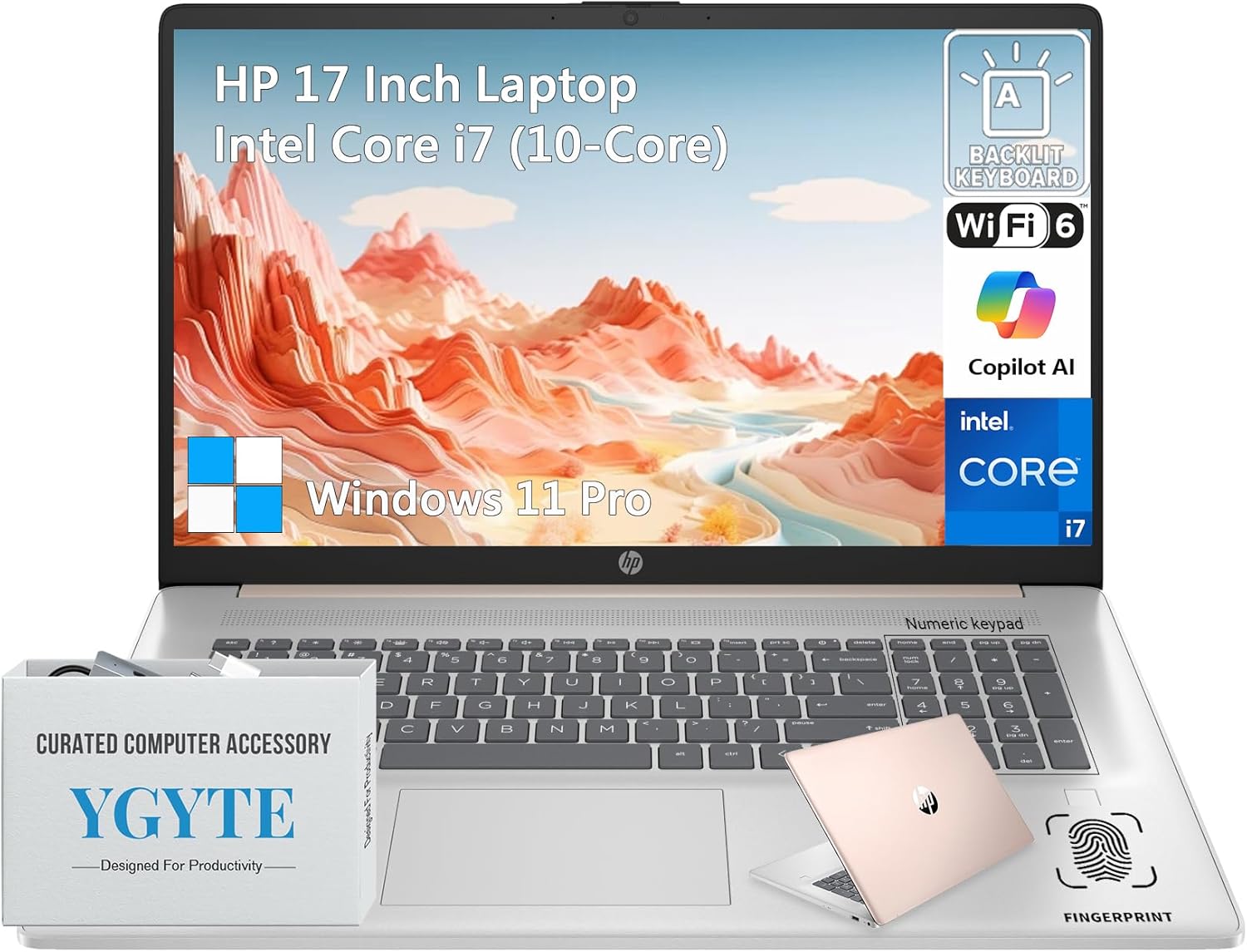 HP 17 Inch Touchscreen Laptop Computer, 17.3 HD+ Touch Screen Business Laptop PC, Intel Core i7, 64GB RAM 1TB SSD, Windows 11 Pro, Backlit 10 Key Number Pad, Fingerprint, Rose Gold