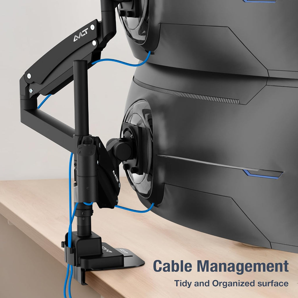 AVLT Dual 57 Inch Heavy Duty Stacking Monitor Arm Pole Top Mount with USB-C&A Ports-Black, Height Adjustable, Easy Install Top C-Clamp/Grommet w/Reinforcement Plates, VESA Compatible 200/100/75