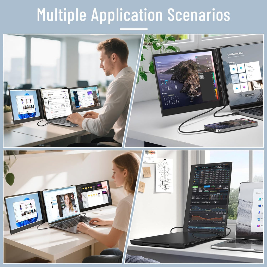 14' Triple Laptop Screen Extender, 1080P FHD IPS Ultra-Slim Portable Dual Monitor for Laptop, USB C HDMI Plug-Play Monitor Extender for Triple Display for MacOS/Windows, Fits 13-17.3' Laptops