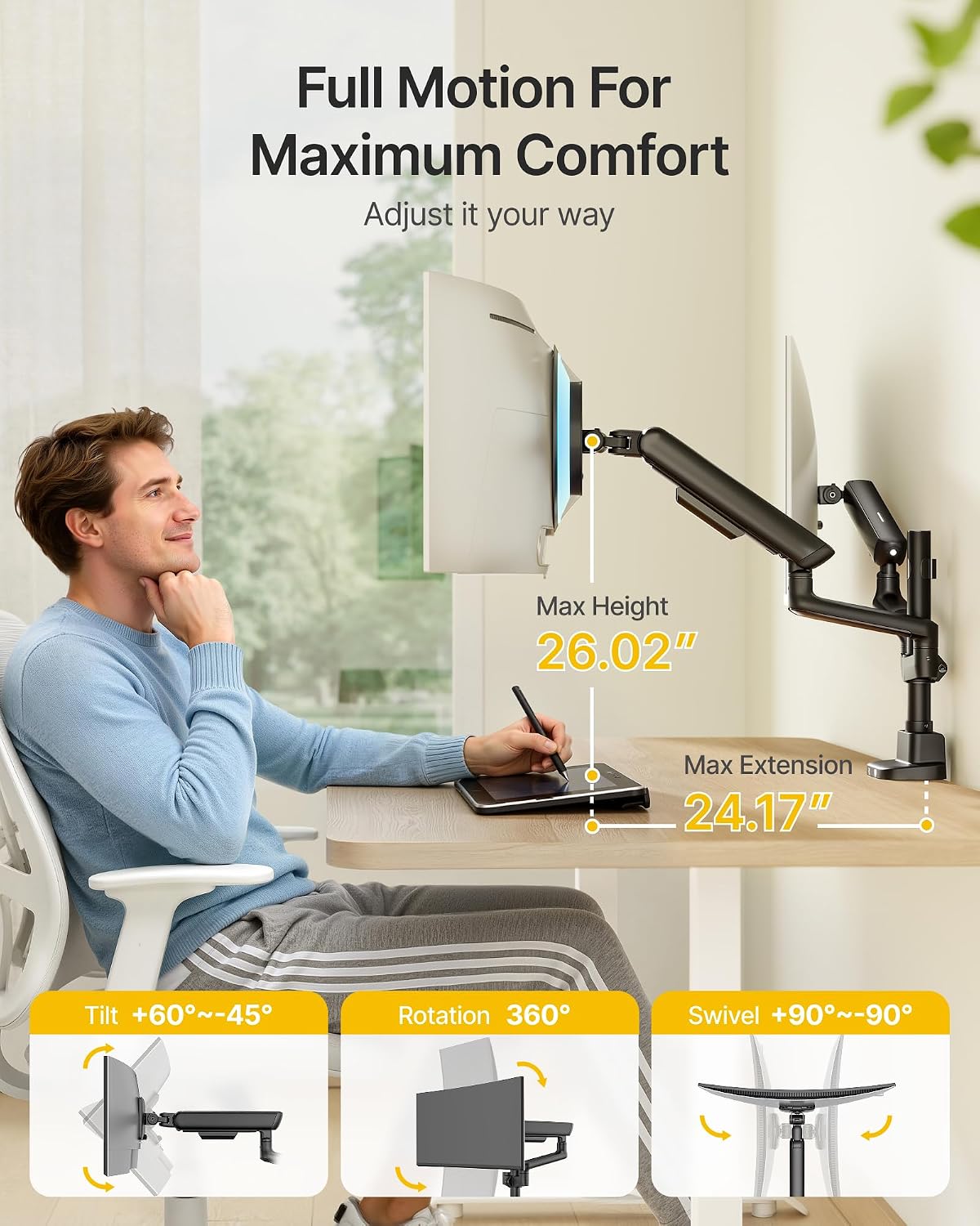 monTEK Dual Tall Monitor Arm with USB, Mechanical Spring Monitor Arm for 17-35' Screens, Adjustable Monitors Desk Mount Each Holds up to 24.2 lbs with C Clamp/Grommet, VESA 75/100mm