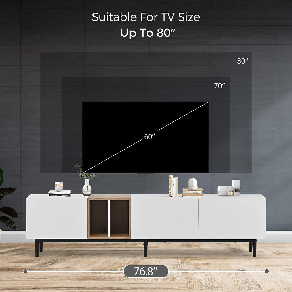 LUMISOL Modern TV Console Table for 80' TV, TV Stand with 3 Cabinets and Open Shelves, Wood Entertainment Center TV Media Table with Ample Storage for Living Room, Bedroom, White