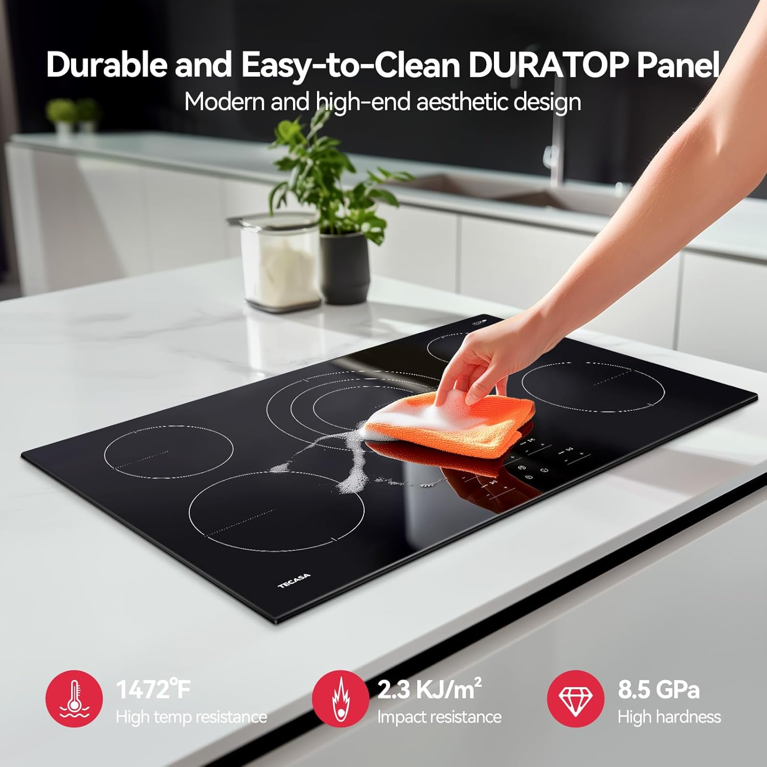 36 Inch Electric Cooktop, TECASA 9000W Radiant Electric Hob with 5 Burners, 240V Built-in Sensor Touch Control Stove Top with Child Safety Lock & Timer, 9 Heating Levels, Hard Wire (No Plug)