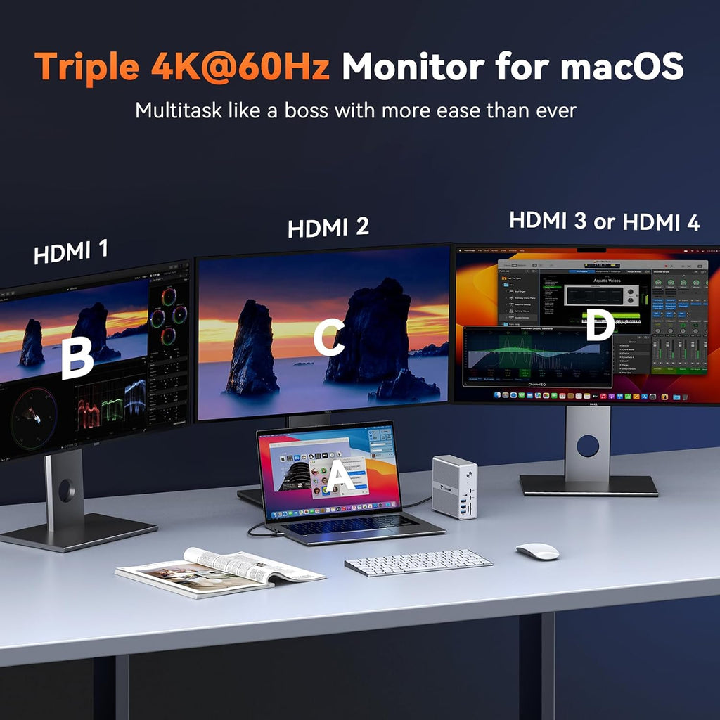 TobenONE DisplayLink Docking Station 4 Monitor with 4 HDMI, 18-in-1 Quad/Triple 4K@60Hz Display Dock with 120W Power Supply for Thunderbolt 5/4/3, USB4, USB-C Windows, MacBook(8 USB, Ethernet, etc)