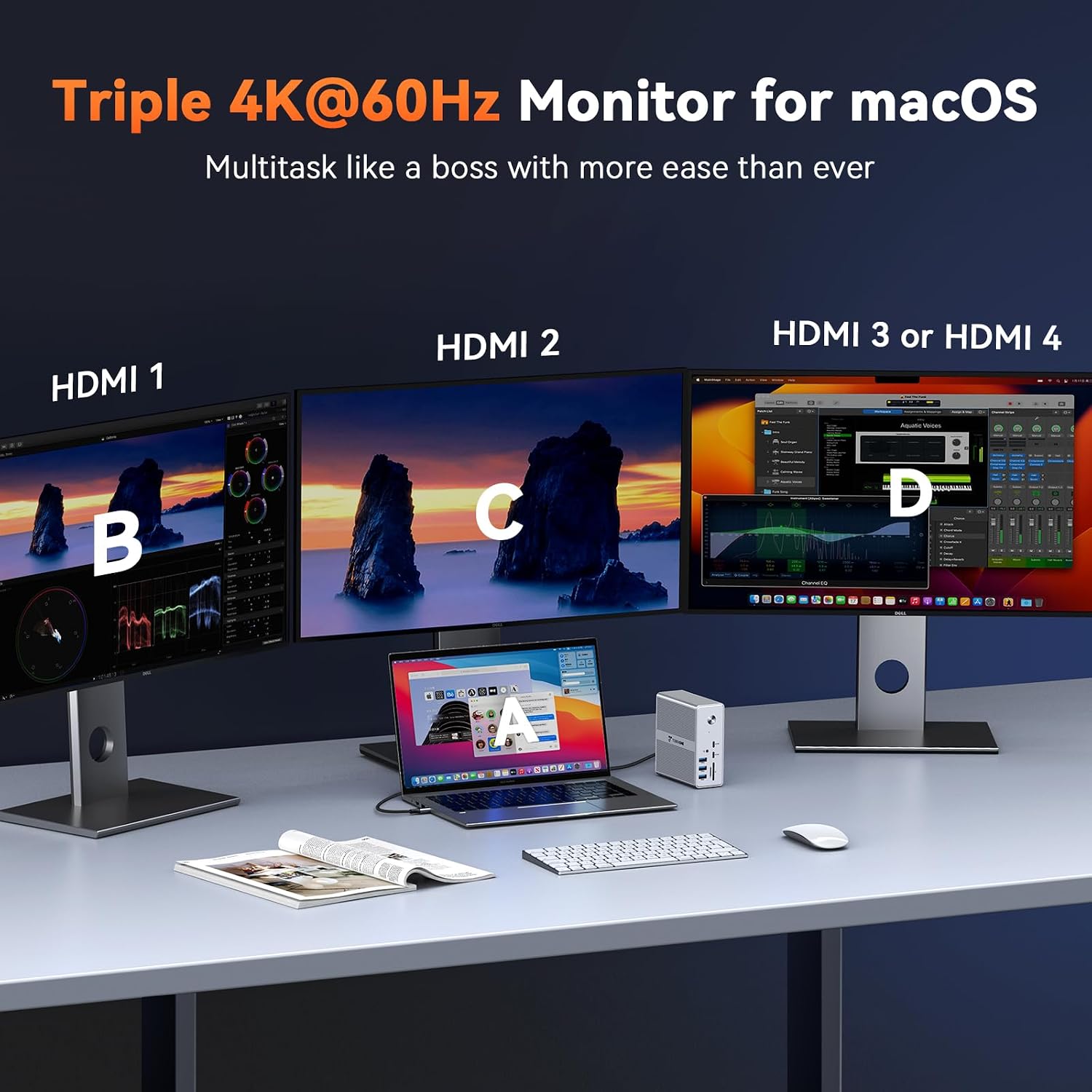 TobenONE DisplayLink Docking Station 4 Monitor with 4 HDMI, 18-in-1 Quad/Triple 4K@60Hz Display Dock with 120W Power Supply for Thunderbolt 5/4/3, USB4, USB-C Windows, MacBook(8 USB, Ethernet, etc)