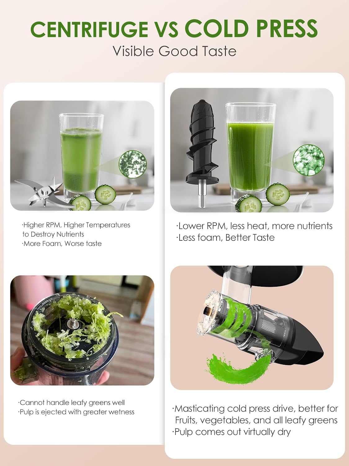 Vegetable Juicer for Celery Wheatgrass Spinach Ginger, Fruit Juicer Machines Slow Masticating Cold Press Juice Extractor Pulp Separated, Quiet Motor, Easy To Clean, BPA Free, Dishwasher Safe