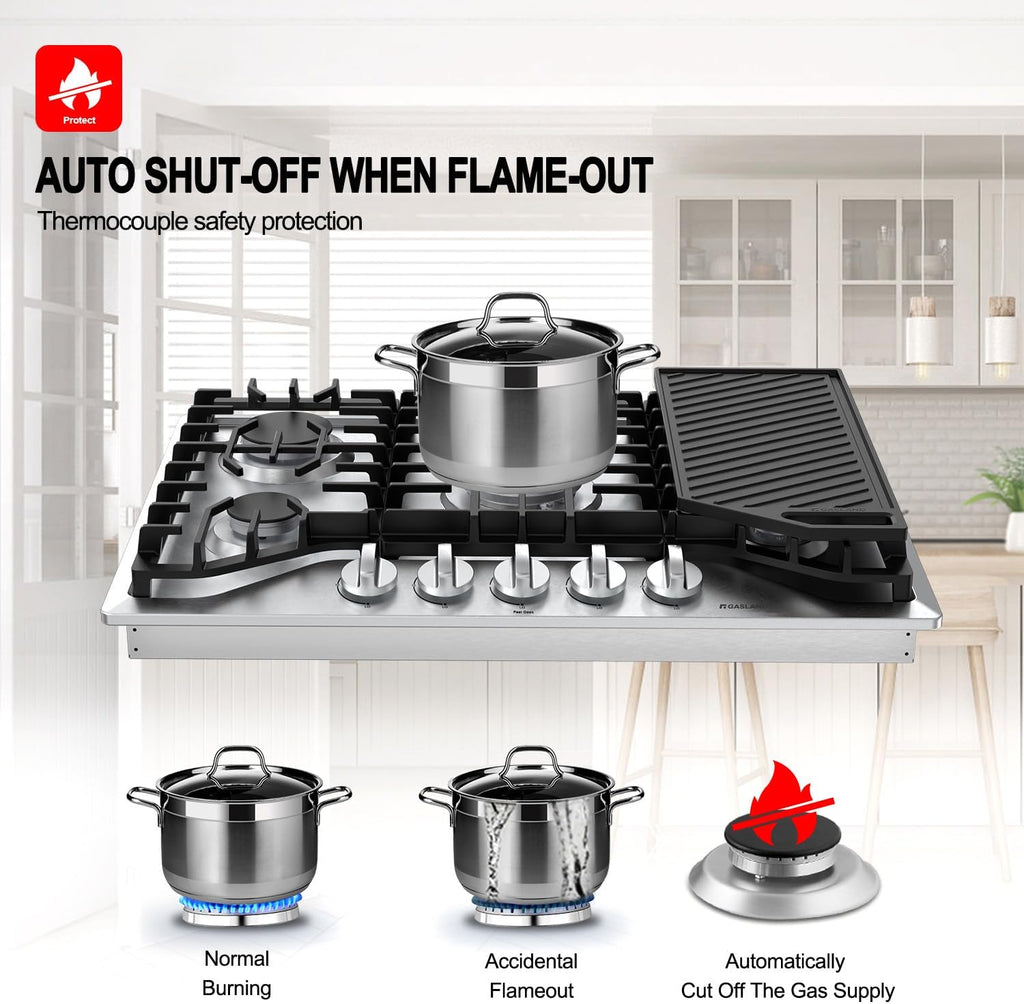 GASLAND 30 Inch Gas Cooktop, PRO GH2305SF 5 Burner Propane Stovetop, Built-in NG/LPG Convertible Cooktops, Gas Countertop Plug-in with Thermocouple Protection, Stainless Steel
