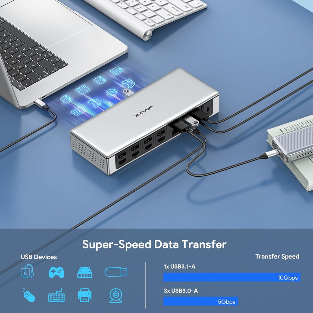 WAVLINK DisplayLink Laptop Docking Station - Quad Monitor 5K/4K @60Hz, 100W Charging - Thunderbolt 5/4, USB-C/A - M1-M5 Mac/Macbook Neo/Windows/Chrome- 4 HDMI, 4 DP, 180W Power, SD 4.0 CR, 2.5Gbps LAN