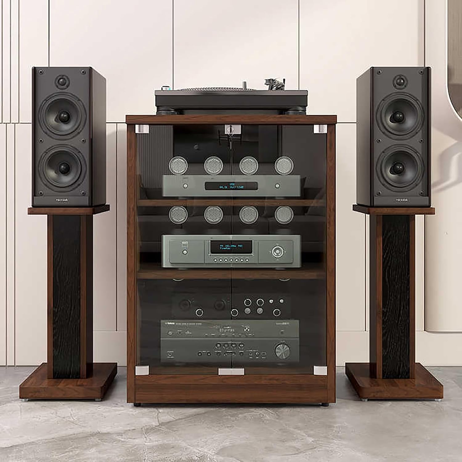 Media Cabinet AV Media Stand Stereo Cabinet with Adjustable Shelves Tempered Glass Doors and Cable Management, for Entertainment Stereo Racks Component(Black,80cm/31.5in)
