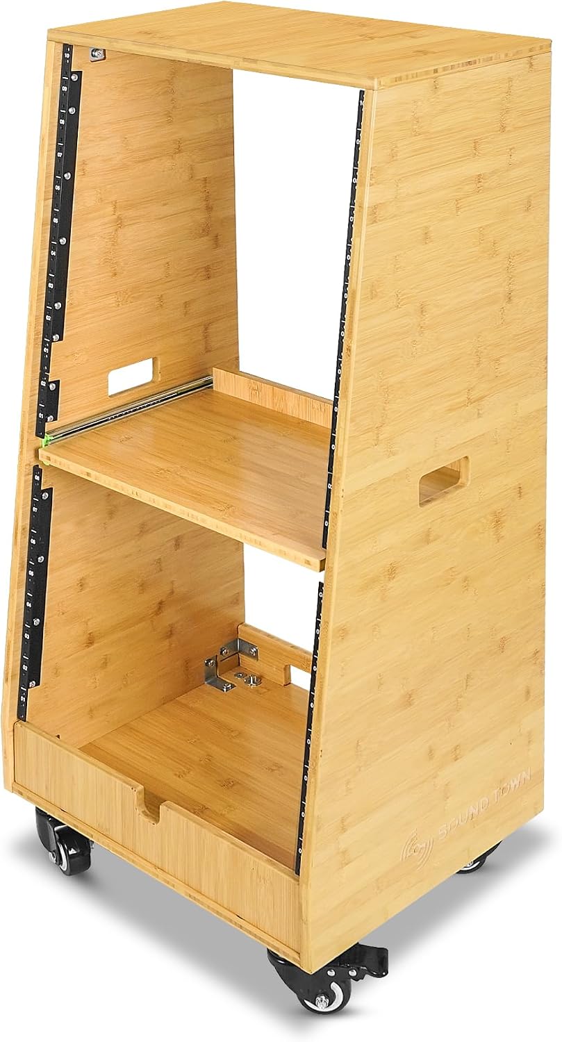 Sound Town DIY Solid Carbonized Bamboo Slanted 20U Studio Rack (12U Top + 8U Lower), with 2U Bottom Storage, Slide-Out Tray, Caster, For Recording Room, Home Studio (STBR-ST20T)