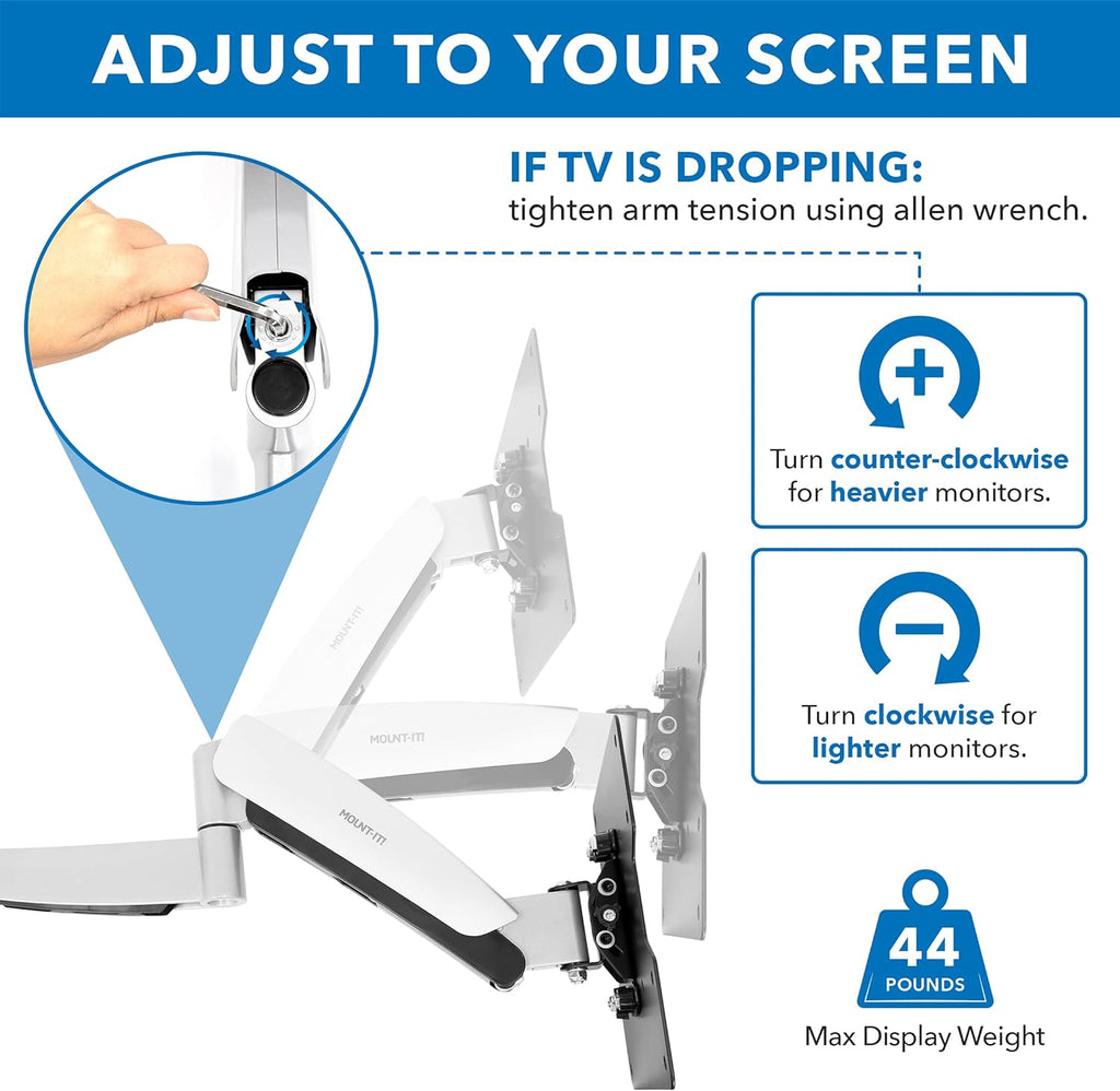 Mount-It! Full Motion Gas Spring TV Wall Mount for 25–55 Inch LED LCD OLED Flat Screen TVs | Height Adjustable 13.5' Articulating Arm | VESA 100x100 to 400x400 | 44 lb Capacity | Single Stud | Silver
